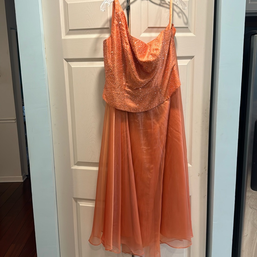 Prom Dress corset and skirt set satin and organza orange amber shift color.